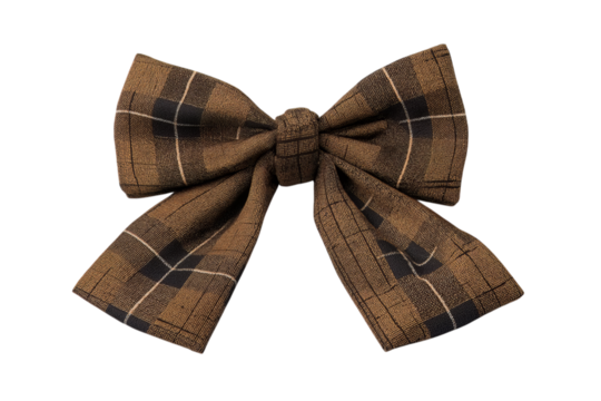 A large bow-shaped hair clip in the color of light brown with a white plaid pattern, isolated on a transparent background in PNG format.
