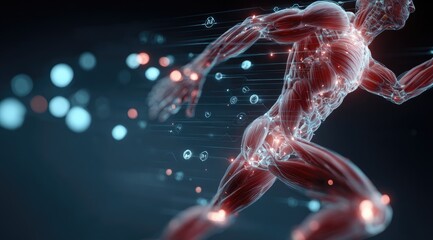 Running human anatomy, glowing skeletal structure