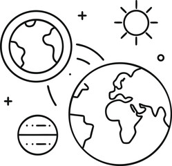 A stylized icon representing space and astronomy, with the Earth and another smaller planet orbiting the sun, captured in a simple and clean line art style.