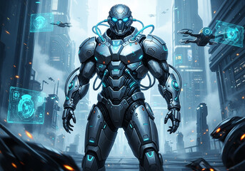 Fototapeta premium Futuristic humanoid robot warrior with glowing blue eyes in a city
