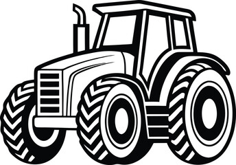 A strong and sturdy farm tractor, depicted in a bold, black and white line art style, highlighting its large tires, powerful engine hood, and classic agricultural design.