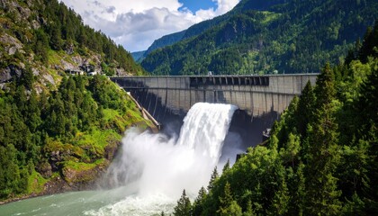 Fototapeta premium Mountain dam with powerful waterfall (1)