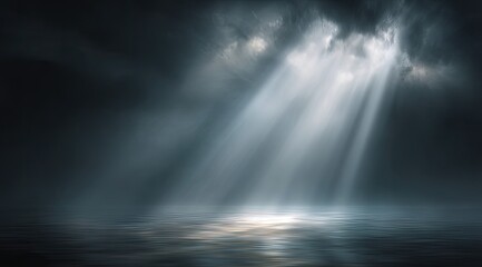 Dramatic, ethereal scene of light beams piercing dark clouds over a calm body of water