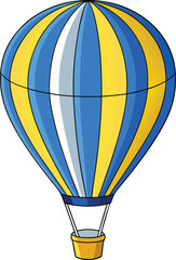 A colorful hot air balloon with blue and yellow stripes. It is a symbol of joy, adventurous travel, and the immense beauty of the sky, perfect for vacation-related themes.