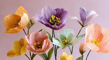 Pastel Floral Arrangement: A bouquet of handcrafted blooms showcases delicate textures and soft colors in a studio setting. Artistic paper craft.