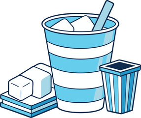 A cold drink in a blue striped cup with ice, surrounded by other office or school supplies. It symbolizes refreshment, summertime, and taking a break from work.