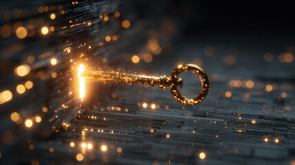 A golden key glowing entering keyhole. The scene is artistic, digital, and visually striking. It evokes a sense of mystery, discovery, and innovation. 