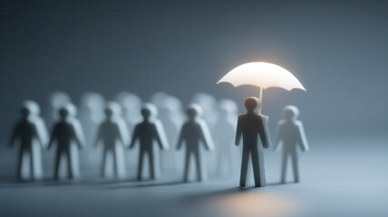 A symbol of protection, with a figure holding an umbrella protecting a group of others