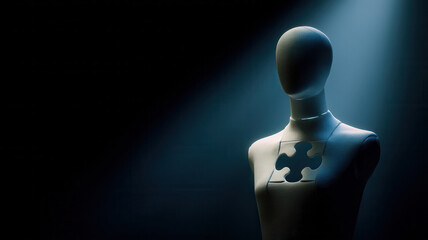 A mannequin with a missing puzzle piece in a spotlight setting, representing incompleteness and conceptual thinking. The image features an abstract feel, creating a thought-provoking visual