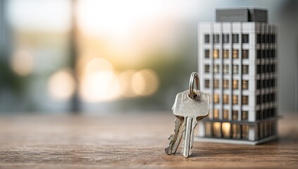 Miniature building model and keys on a wooden surface, soft focus background