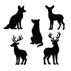 Dark silhouettes of deer, dog, and cat; mysterious, elegant wildlife collection; perfect for nature, fantasy, or mystical designs.
