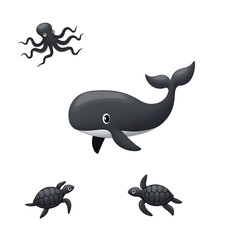 Adorable Cartoon Ocean Animals: Whale, Octopus, Sea Turtles; Dark, Playful Style; Children's Book Illustration