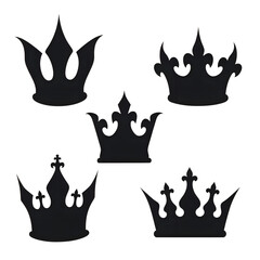 Five Elegant Black Crown Silhouettes: Royalty, Power, and Luxury Graphic Design Elements.