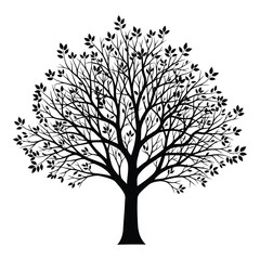 Art of a detailed black silhouette of a deciduous tree with many branches and leaves, isolated on a white background