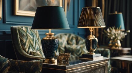 close-up of an Art Deco office with brass lamps and dark velvet furnishings, color tones: navy blue, emerald green, and brushed gold
