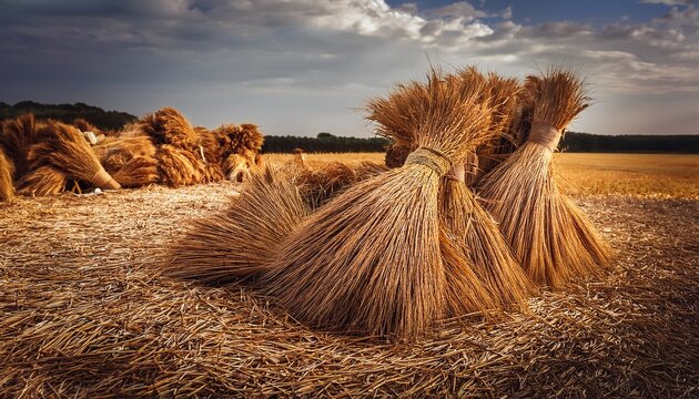 traditional threshing floor bundles of harvested wheat ready to process