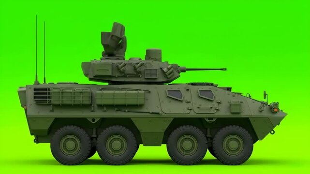 Modern Army Vehicle with Advanced Radar on Green Screen, Military Armored Vehicle with Antenna and Weapon System for Defense Technology