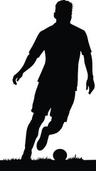 Soccer Player Silhouette Dribbling Ball on Grass Field Vector Illustration for Sport and Game Concepts.