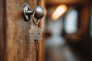House keys on a wooden door.  Close-up of keys with a small house charm hanging on a doorknob.  Blurred interior background