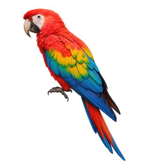 Obraz premium Red, yellow, and blue macaw parrot isolated on a white background, symbolizing tropical birds, vibrant colors, and exotic wildlife.