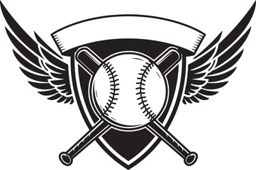 Baseball or softball sports emblem with a ball, crossed bats, a shield, wings, and a blank banner for a team logo, vector illustration