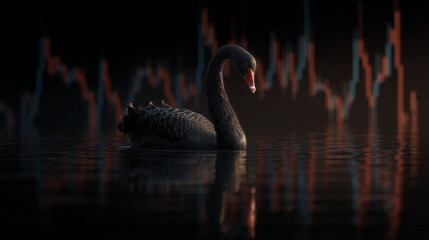 A black swan swimming in water with a blurred stock chart in the background on a dark day
