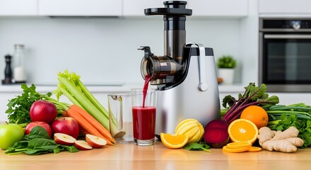 Fresh juice flows from a modern juicer into a glass, surrounded by an array of colorful fruits and vegetables ready to be processed.