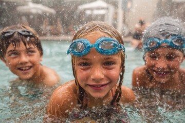 Kids swimming and playing in pool family fun activity outdoor water environment joyful moments