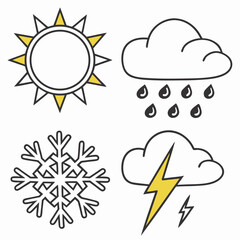 Weather icons depicting sun, cloud, rain, snow, and lightning isolated on white background