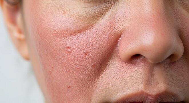 Close-up of a woman's face with red, irritated skin and small bumps, suggesting a rash or allergic reaction