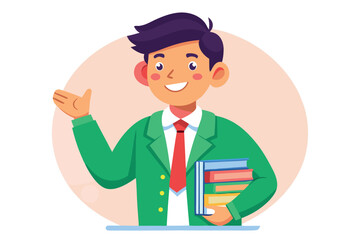 Man in suit holding books giving a presentation isolated on white background