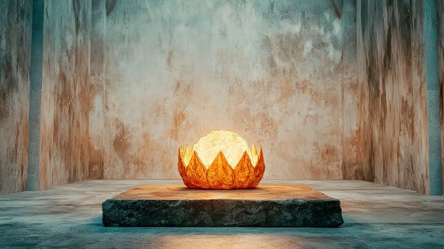 Radiant Orb on a Pedestal: An exquisite, golden orb rests upon a stone pedestal, illuminated within a weathered chamber, with a warm, mystical ambiance. - Powered by Adobe