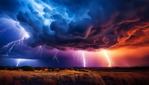 vibrant lightning and colorful skies illuminate a dramatic stormy atmosphere