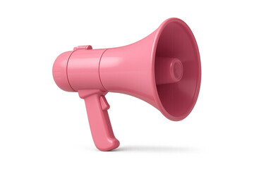 Pink 3D megaphone on a light background, symbolizing communication, marketing, and public speaking.