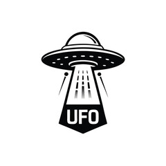 Classic Black and White UFO Illustration with Beam and Text
