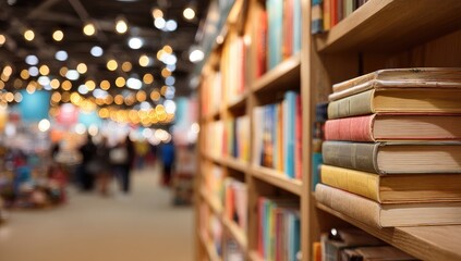 Bookshelves filled with colorful books in a bustling convention hall