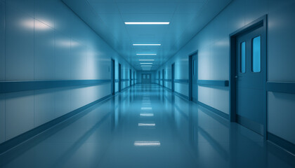 Fototapeta premium Empty hospital corridor with clean reflective floors, blue walls, and fluorescent lighting representing sterile medical environment, healthcare infrastructure, and modern clinical architecture
