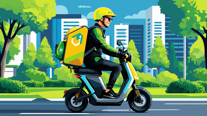 Food delivery rider on an electric scooter in a vibrant urban park setting