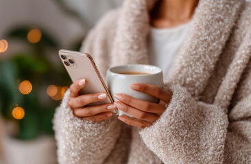 cropped view of woman in warm sweater holding cup of tea and smartphone