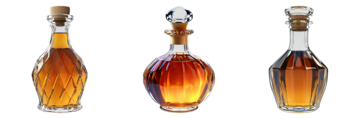 set of blue agave syrup in a crystal bottle isolated on transparent background