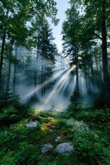 Obraz premium Sunbeams through misty forest (1)