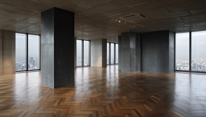 Naklejka premium Empty, modern, high-rise interior with concrete pillars, hardwood floors, and city views