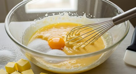 Baking Ingredients in Glass Bowl with Whisk