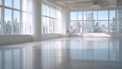 Empty, bright loft space with city views.  Large windows frame a cityscape