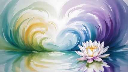 Abstract watercolor lotus flower reflecting in calm water with rainbow color swirls