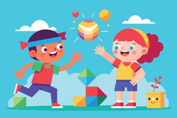 Two children are playing ball and blocks together isolated on white background