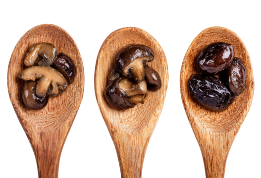 Three wooden spoons, each holding a different preserved mushroom variety