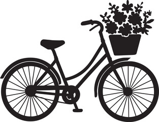 Bicycle with Basket of Flowers, Spring Ride &ndash; Bicycle with Flower Basket, Black and White Silhouette
