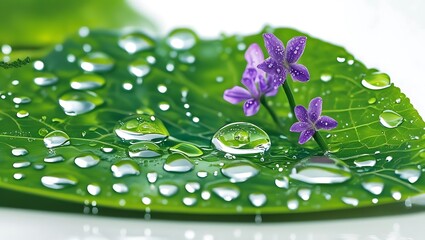 Vivid green leaf adorned with glistening water droplets and delicate purple flowers image