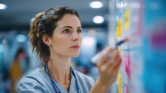 Focused medium shot of a clinic nurse adjusting treatment timelines on a gendercare flowchart for patients under nineteen with the room softly out of focus behind.